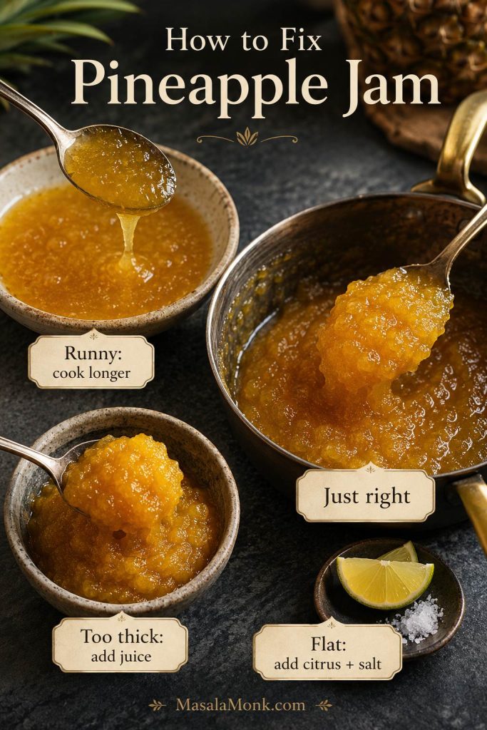 Troubleshooting guide showing runny pineapple jam, just-right jam, too-thick jam, citrus, salt, and fix labels