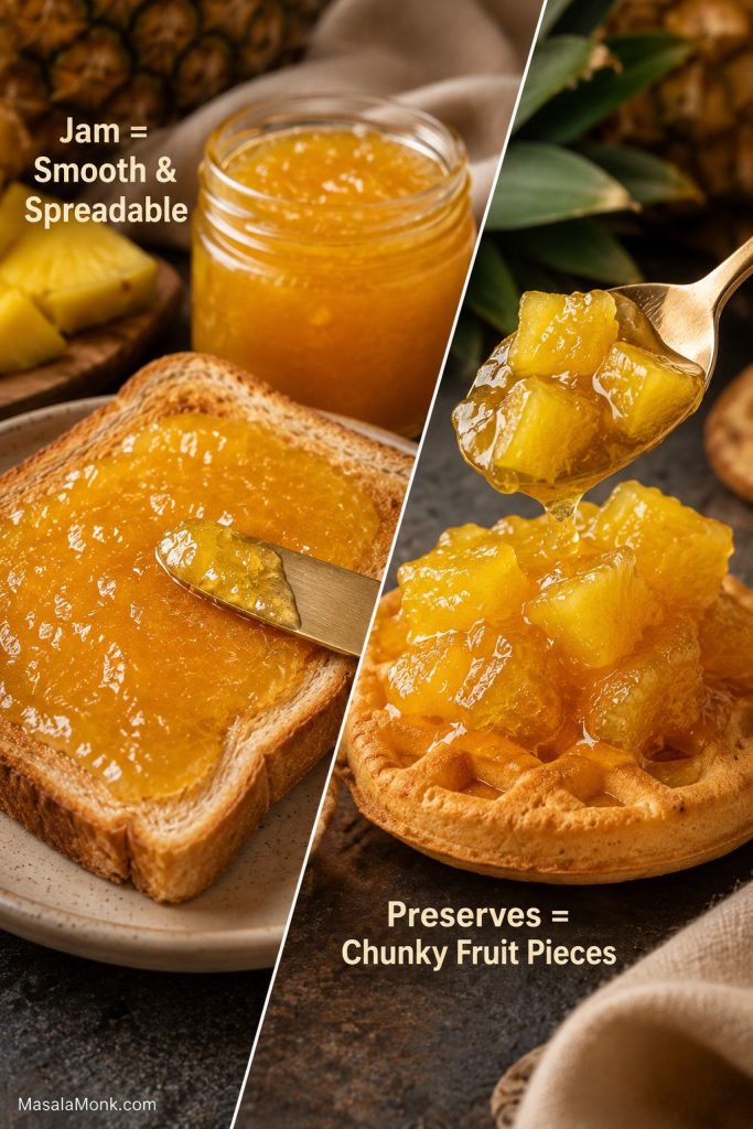 Diagonal comparison of smooth pineapple jam spread on toast and chunky pineapple preserves spooned over a biscuit or waffle