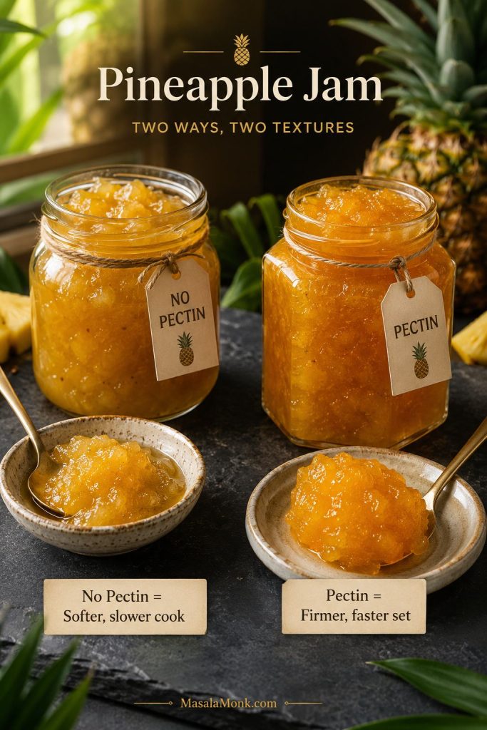 Two jars of pineapple jam comparing softer no-pectin jam with firmer pectin-set jam