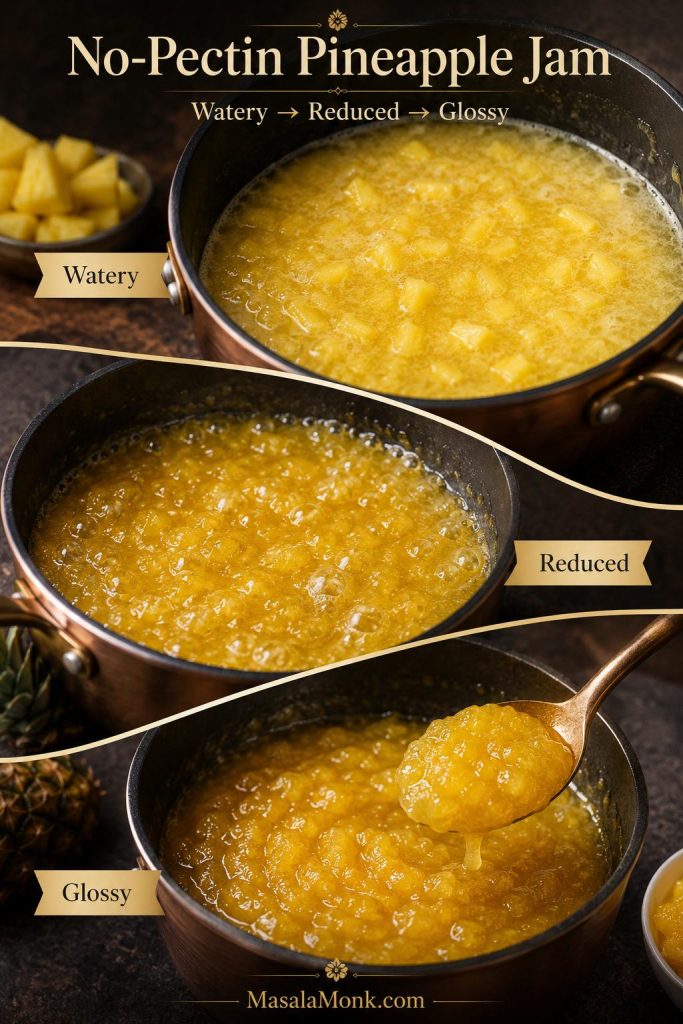 Three cooking stages of no-pectin pineapple jam changing from watery fruit to reduced sauce and glossy jam