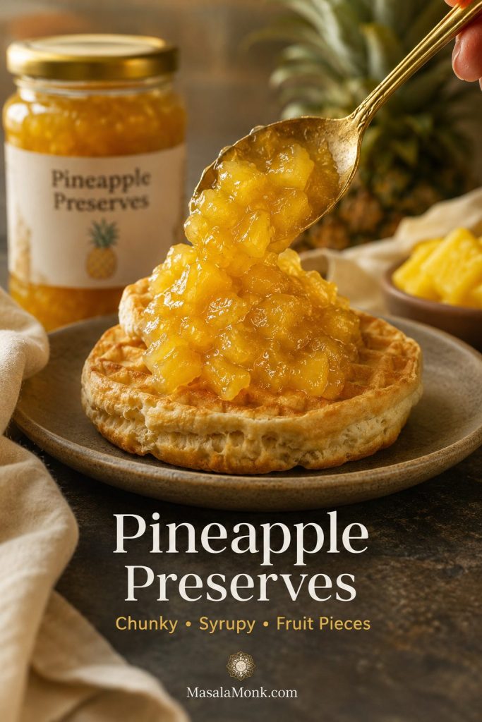 Chunky pineapple preserves being spooned over a waffle with visible pineapple pieces in glossy syrup