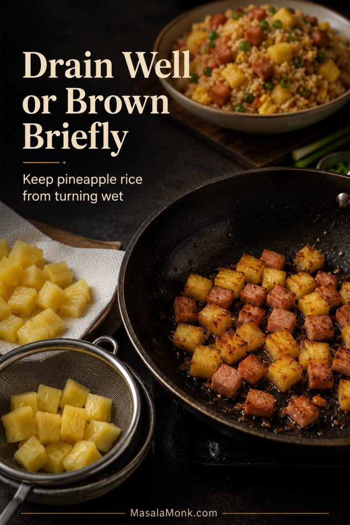 Drained pineapple in a strainer and lightly browned pineapple pieces in a pan beside fried rice ingredients.