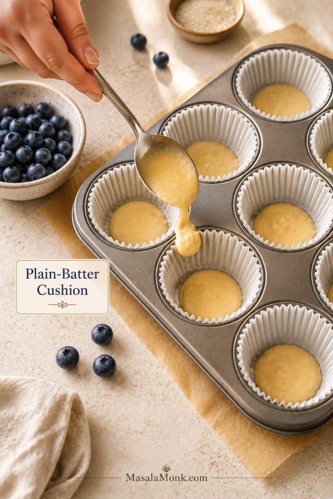 Plain batter being spooned into lined muffin cups before blueberries are added.