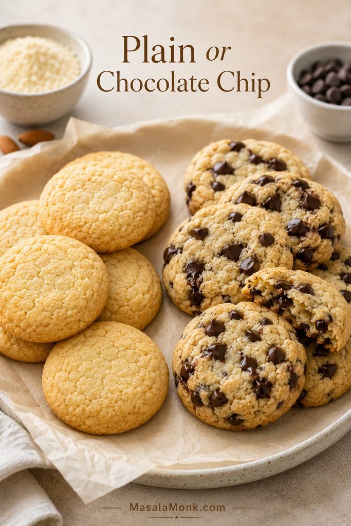 Plain almond flour cookies beside chocolate chip almond flour cookies from the same base dough.