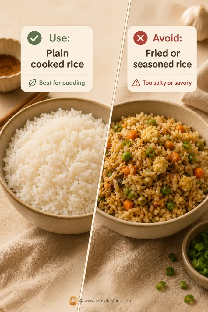 Side-by-side comparison of plain cooked rice for pudding and seasoned fried rice that should not be used.