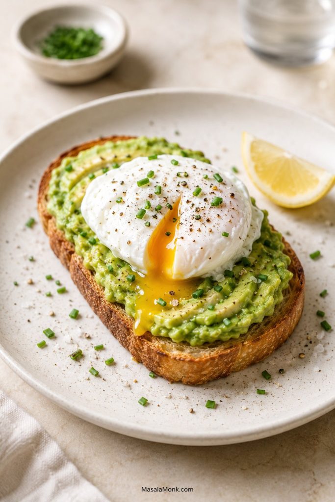 Poached egg avocado toast with chives, flaky salt, black pepper, lemon, and seasoned avocado.