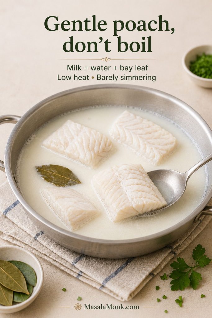 White fish gently poaching in milk and water with bay leaf in a shallow pan