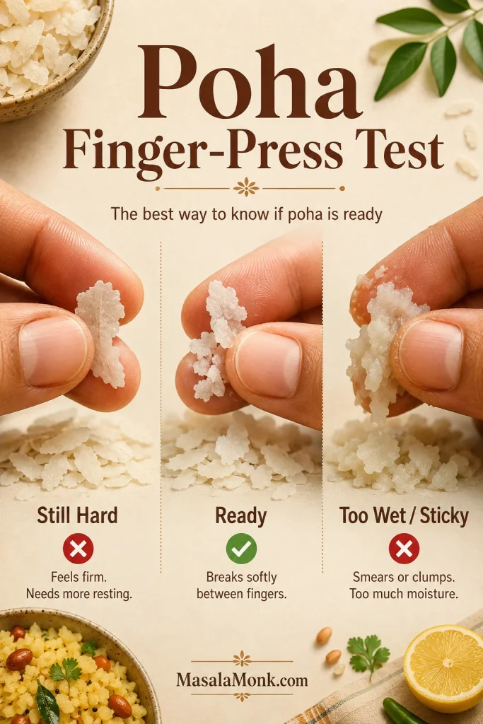 Finger-press test for poha showing still hard, ready, and too wet or sticky flakes.