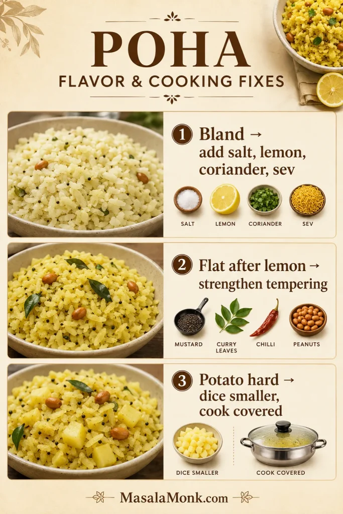 Poha troubleshooting board showing fixes for bland poha, flat poha after lemon, and undercooked potato.