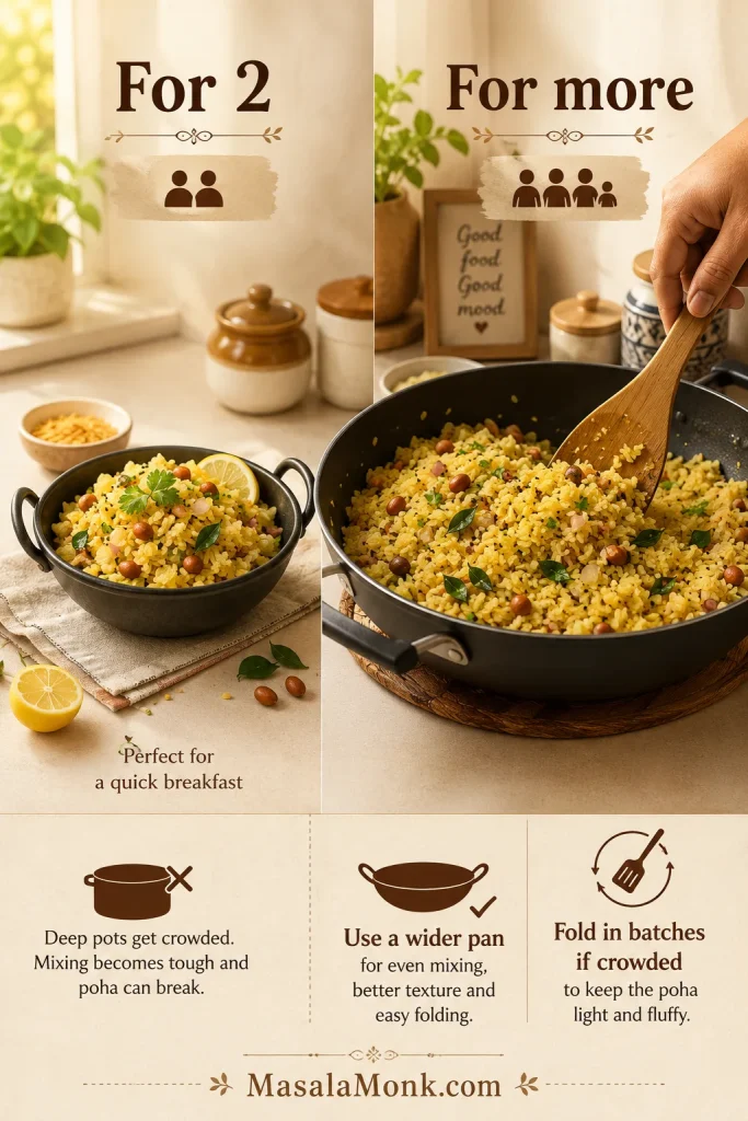 Small batch of poha for two compared with a larger family batch being folded in a wide pan.