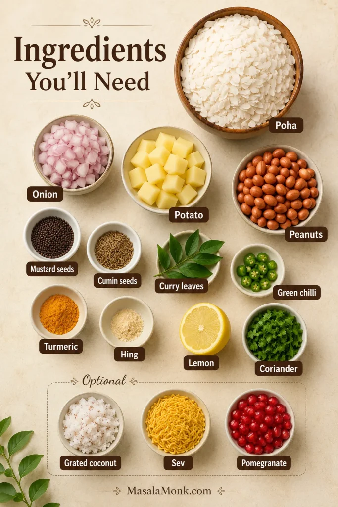 Ingredients for poha including flattened rice, onion, potato, peanuts, curry leaves, green chilli, turmeric, lemon, coriander, hing, sev, coconut, and pomegranate.