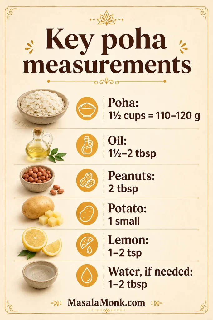Measurement guide for poha showing cups, grams, tablespoons, and milliliters for poha, oil, peanuts, potato, lemon, and water if needed.