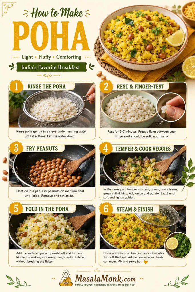 Pan-stage guide for poha showing softened onion, tender potato, poha folded in, and finished fluffy poha.
