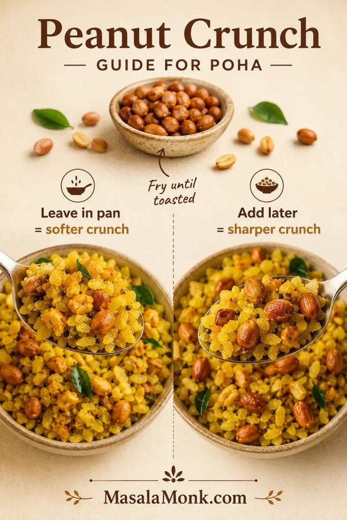 Poha peanut crunch guide comparing peanuts left in the pan with fried peanuts added back at the end.
