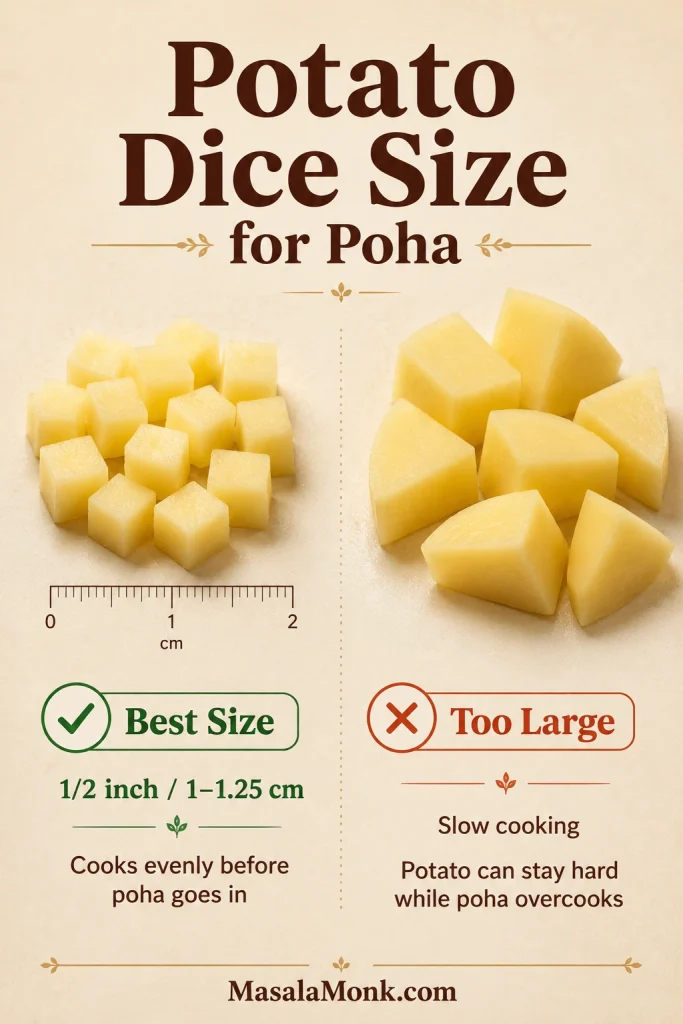 Correct half-inch potato dice for poha shown beside larger potato pieces that cook more slowly.