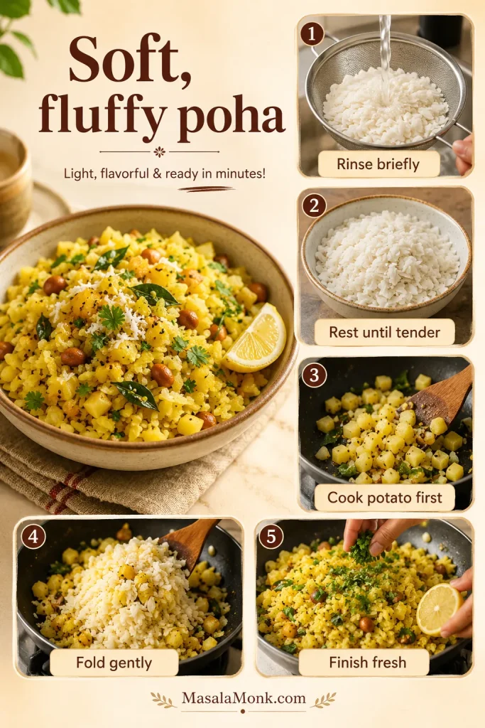 Illustrated guide showing poha being rinsed, rested, folded with cooked potato, and finished with lemon and coriander.