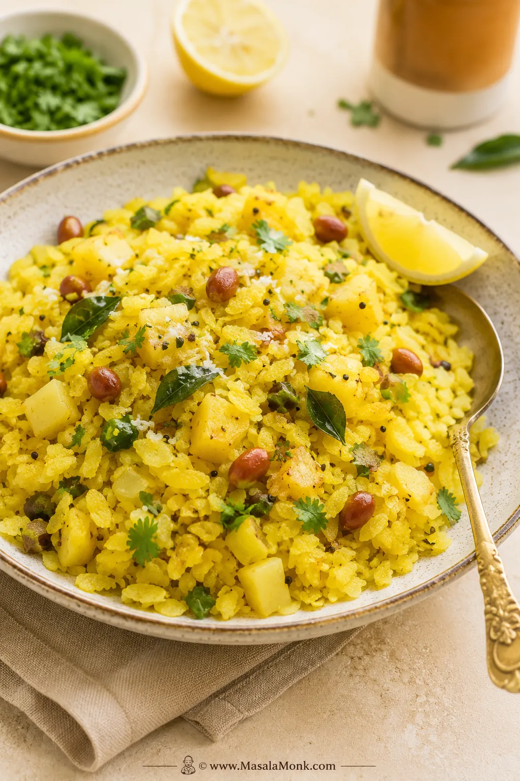 Bowl of kanda batata poha with yellow flattened rice, potato cubes, peanuts, curry leaves, coriander, and lemon.