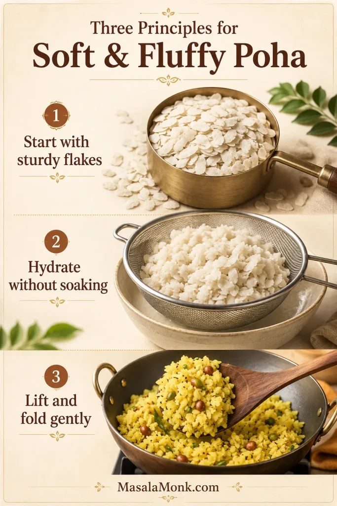 Three principles for soft fluffy poha showing sturdy flakes, hydration without soaking, and gentle folding.