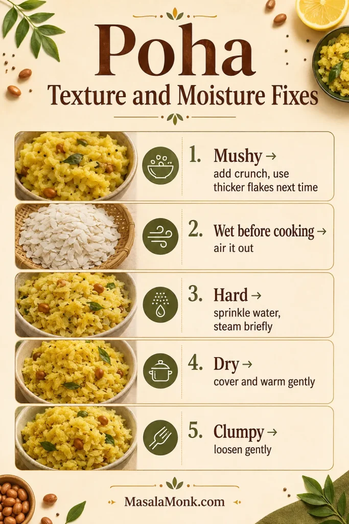 Poha troubleshooting board showing fixes for mushy, wet, hard, dry, and clumpy poha.