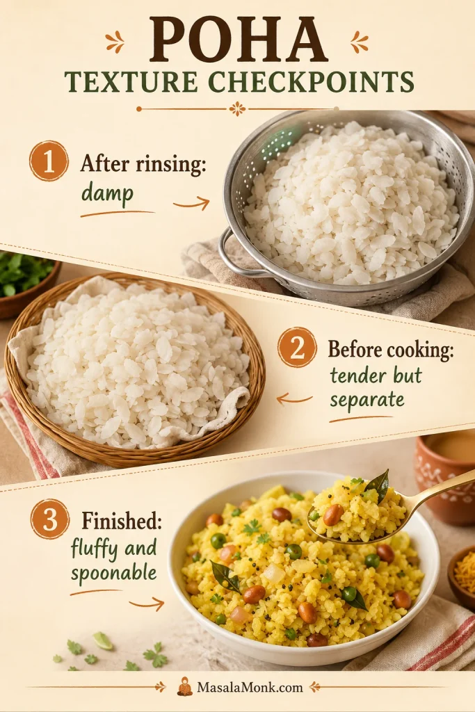 Three poha texture stages showing damp flakes after rinsing, tender flakes before cooking, and fluffy finished poha.