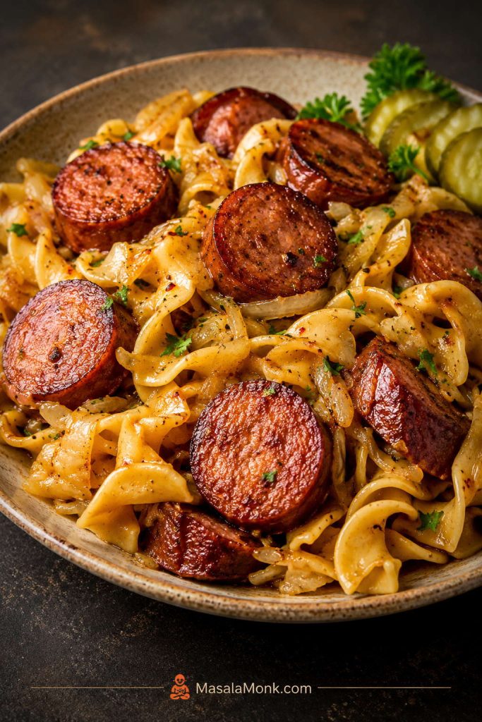Polish sausage pasta with browned smoked sausage slices, noodles or pasta, herbs, and pickle garnish.