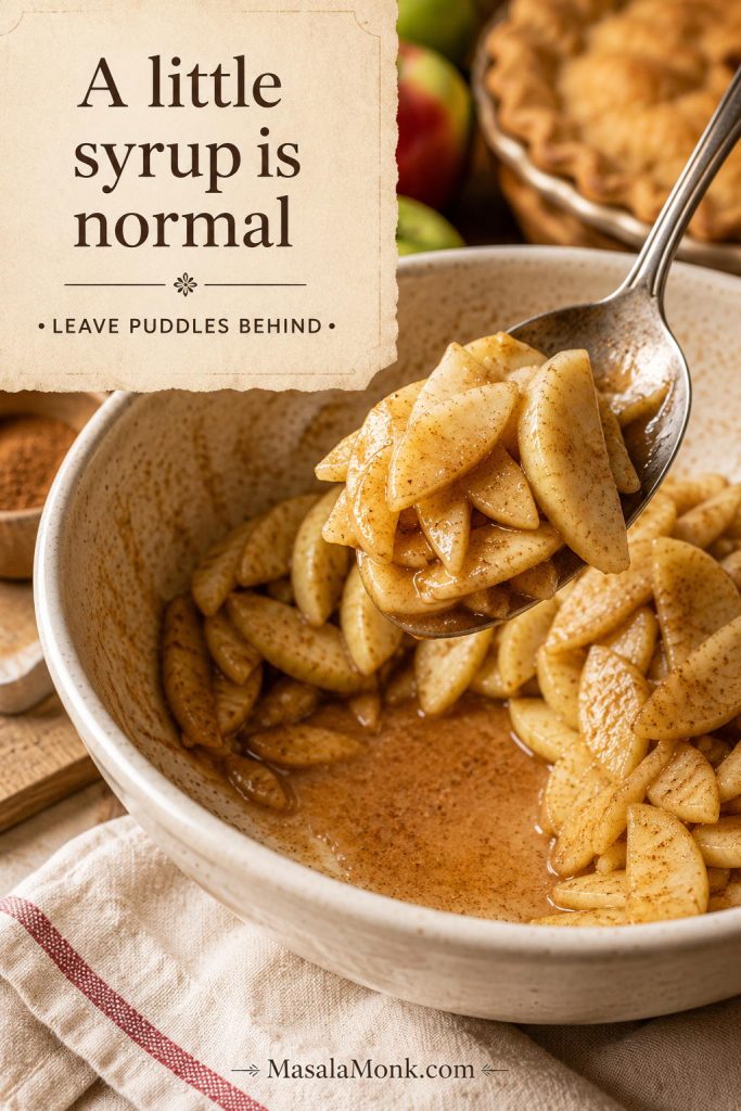 Spoon lifting spiced apple slices from a bowl with syrup pooled at the bottom.