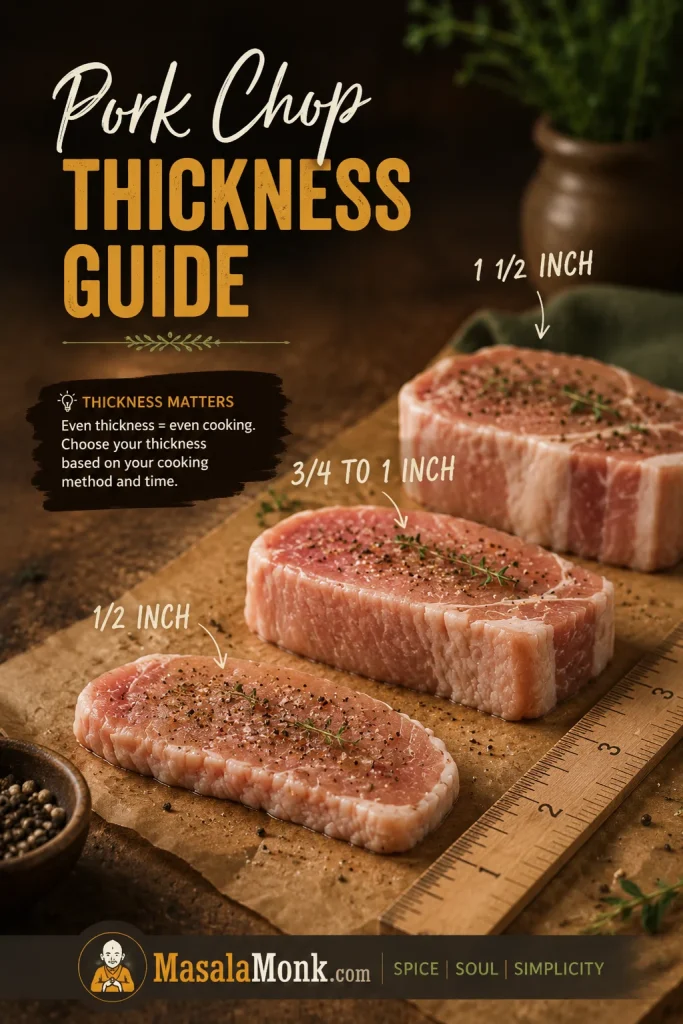 Pork chop thickness comparison with measurement cues for thin, standard, and thick pork chops.