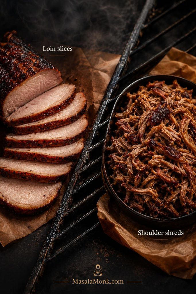 Sliced smoked pork loin compared with shredded pulled pork shoulder