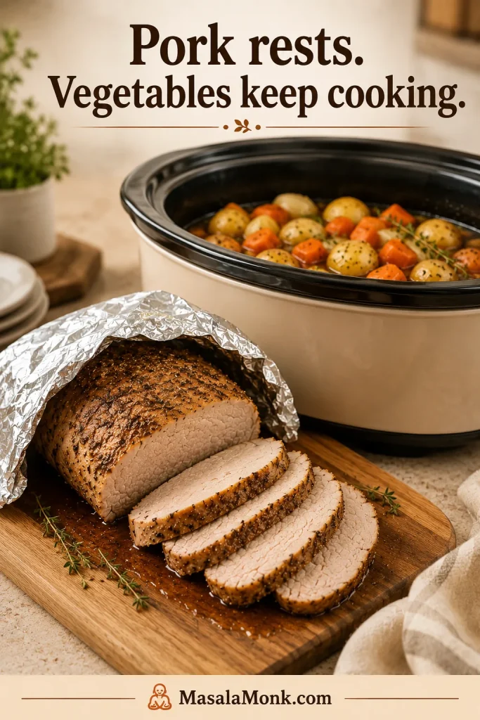 Cooked pork loin resting under foil on a cutting board while potatoes and carrots continue cooking in a slow cooker behind it.