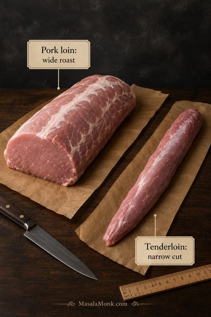 Raw pork loin roast and pork tenderloin compared on butcher paper to show the wide roast and narrow tenderloin shapes