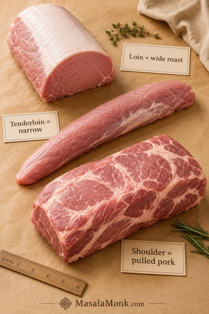 Raw pork loin roast, pork tenderloin, and pork shoulder arranged on butcher paper to compare their shapes and sizes.