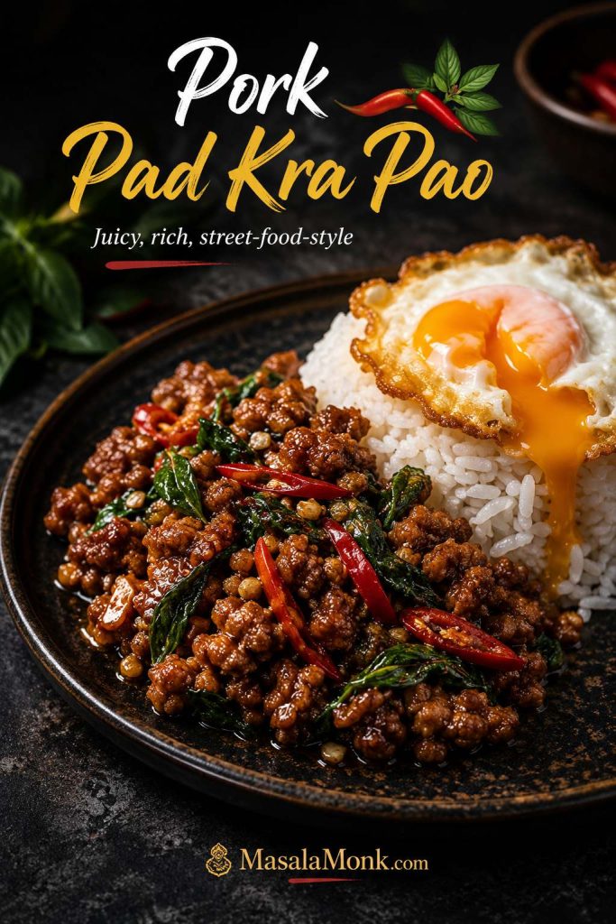 Pork Pad Kra Pao plate with glossy browned pork mince, basil, red chilies, rice, and a crispy egg with runny yolk.