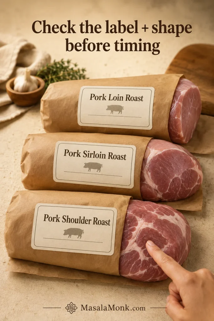 Generic pork roast labels for pork loin roast, pork sirloin roast, and pork shoulder roast with a pointer showing label and shape.