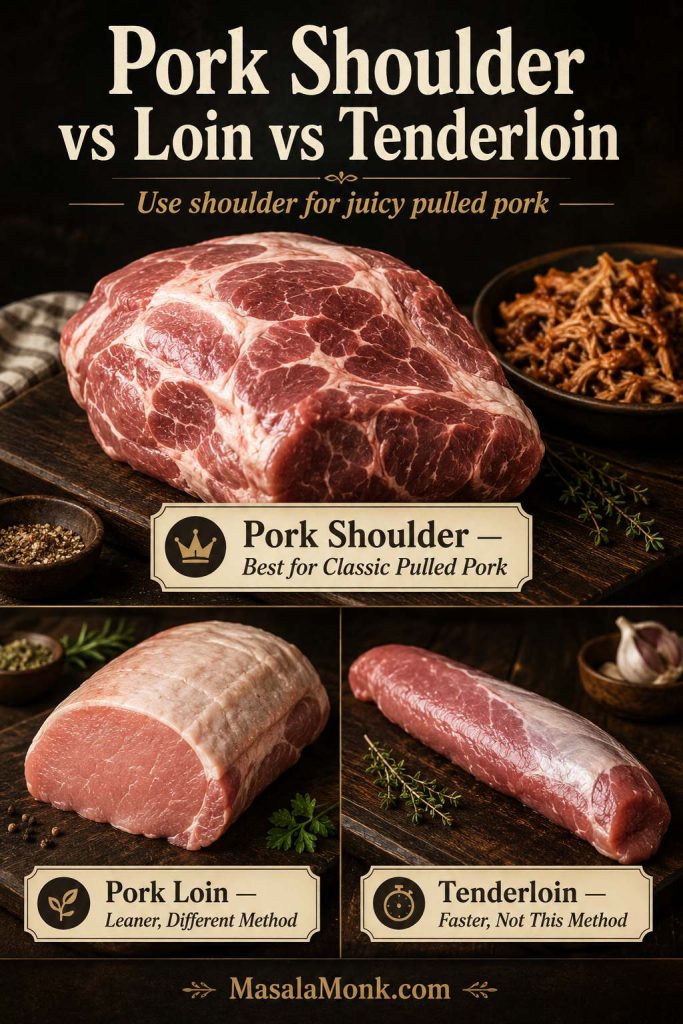 Comparison board showing pork shoulder as best for classic pulled pork, while pork loin and pork tenderloin are leaner cuts for different methods.