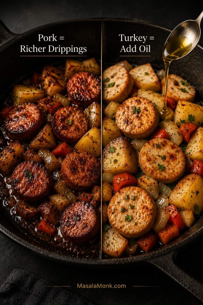 Comparison of pork kielbasa with richer drippings and turkey kielbasa with added oil for cooking potatoes.