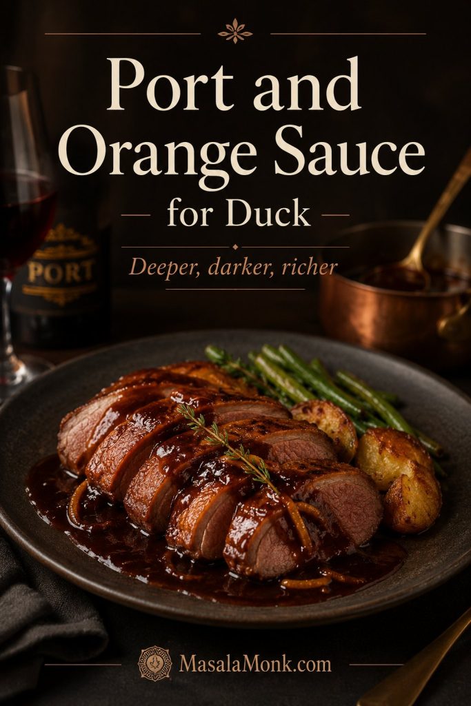 Port and orange sauce served with sliced duck and a darker glossy sauce