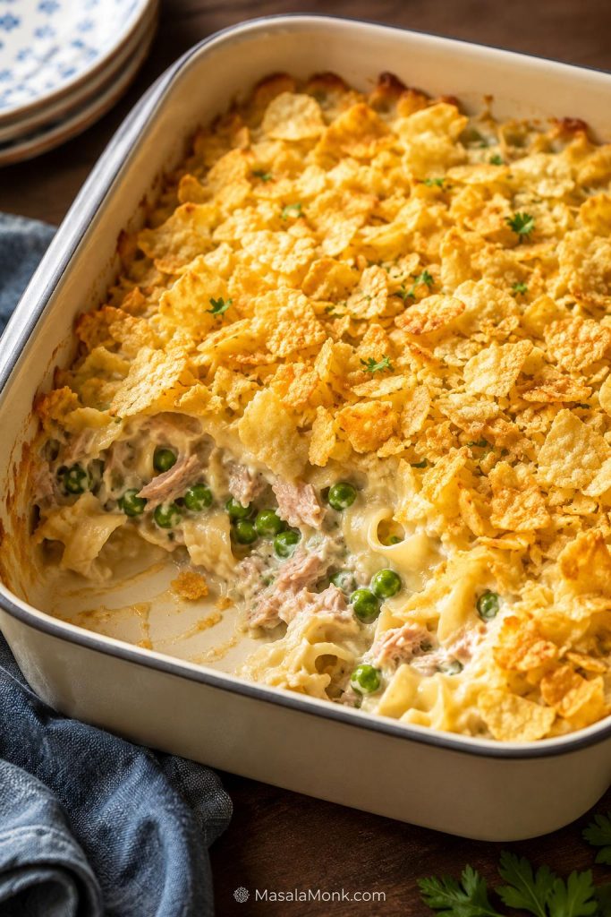Old-fashioned tuna noodle casserole with crushed potato chip topping and a scooped corner showing noodles, peas, and tuna.