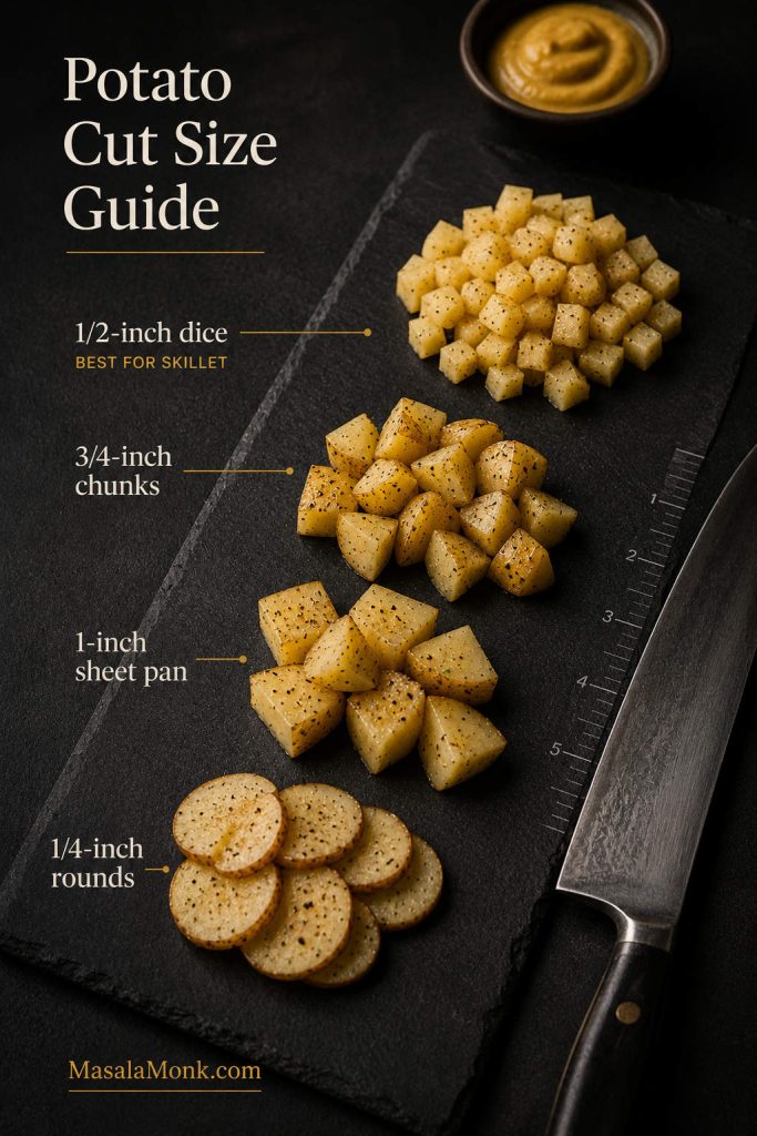 Potato cut-size guide showing half-inch dice, three-quarter-inch chunks, one-inch chunks, and quarter-inch rounds.