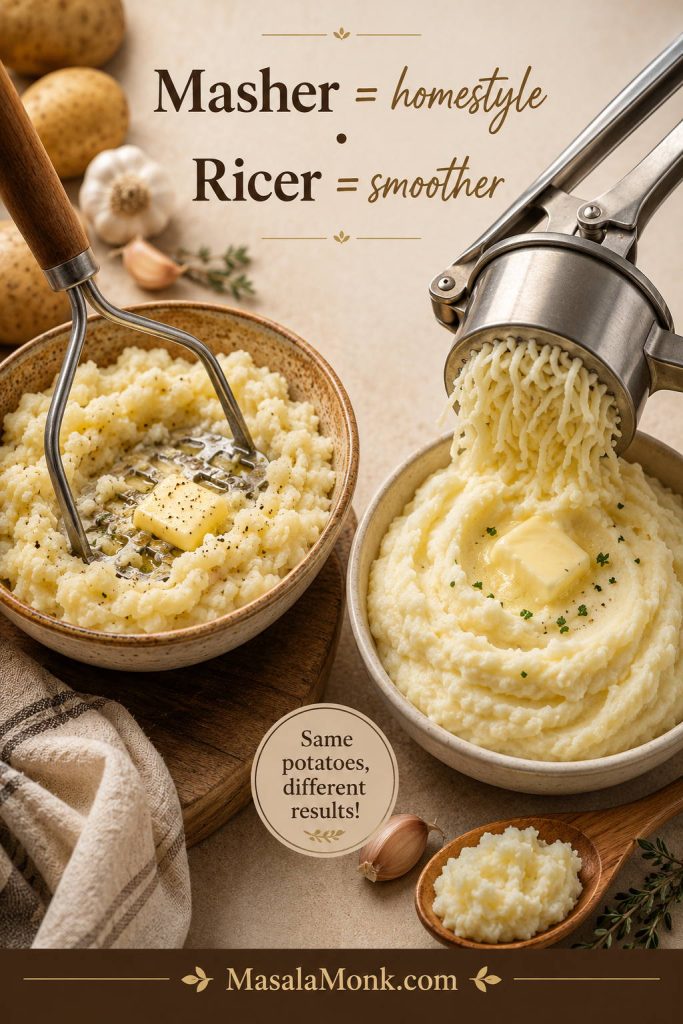 Potato masher and ricer shown with homestyle mashed potatoes and smoother riced potatoes.
