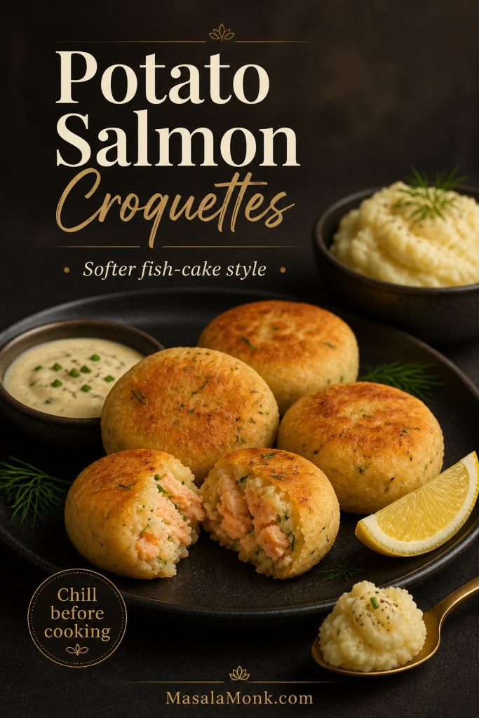 Potato salmon croquettes served with mashed potato, lemon, sauce, and one croquette broken open