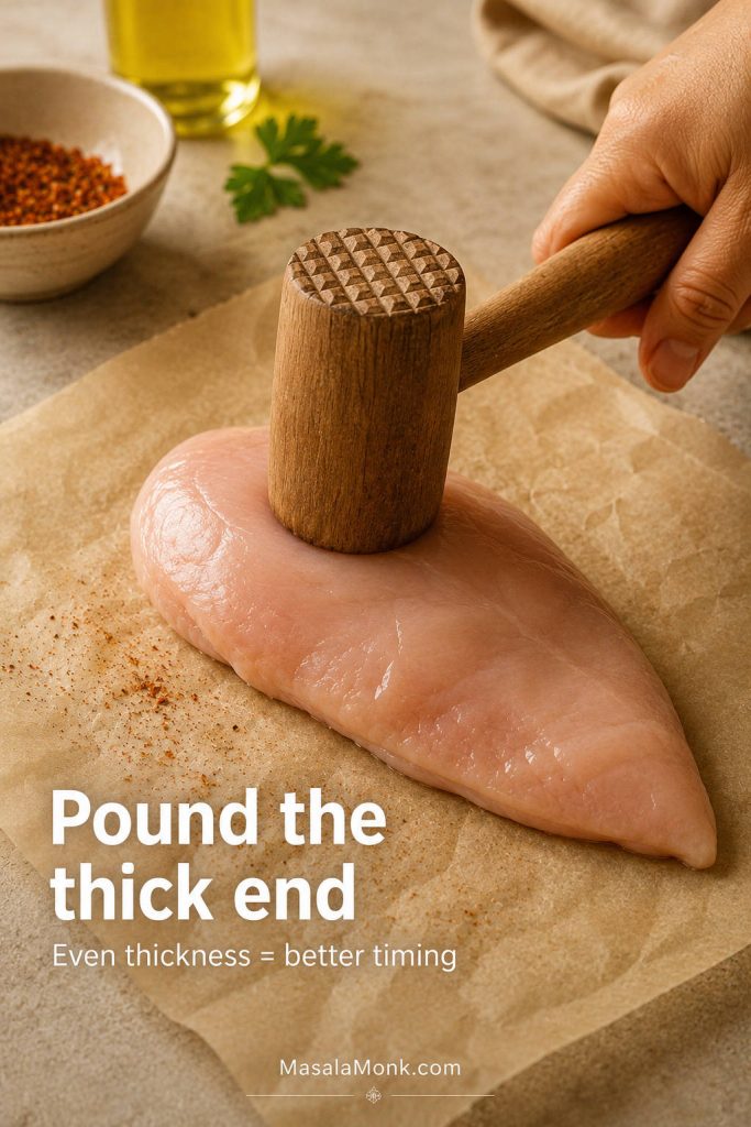 Raw chicken breast being pounded at the thick end to create a more even thickness before baking.