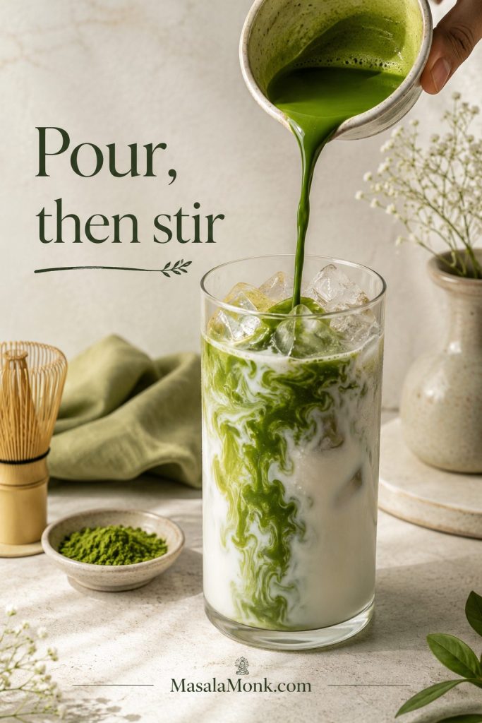 Matcha shot being poured over cold milk and ice in a clear glass