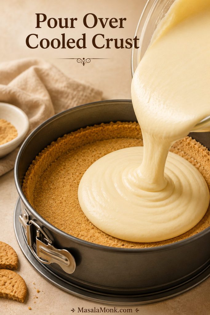 Smooth cheesecake filling being poured into a cooled crumb crust in a springform pan.