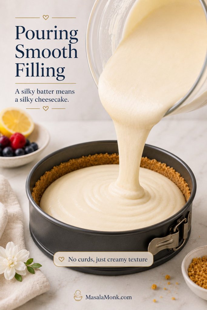 Smooth cottage cheese cheesecake filling being poured from a blender into a prepared crumb crust