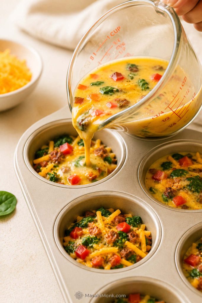 Egg mixture being poured into a muffin tin with spinach, bell pepper, cheese, and cooked protein in the cups.