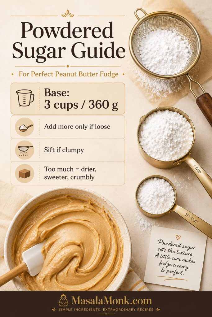 Powdered sugar guide for peanut butter fudge showing a sieve, measuring cup, peanut butter mixture, and tips for amount and texture.