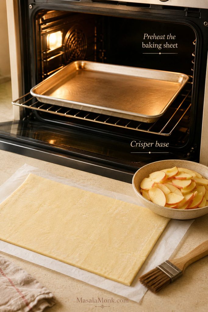 Empty rimmed baking sheet preheating in an oven with puff pastry and sliced apples ready on the counter.