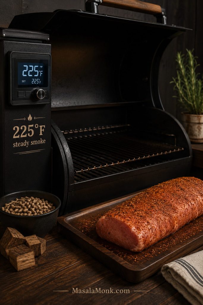 Smoker preheating to 225°F with wood and seasoned pork loin ready to cook