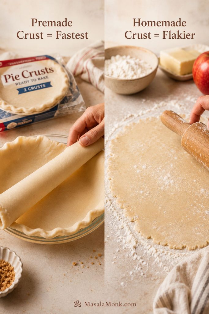 Comparison of premade pie crust and homemade pie crust for apple pie, showing packaged crust on one side and rolled homemade dough on the other.