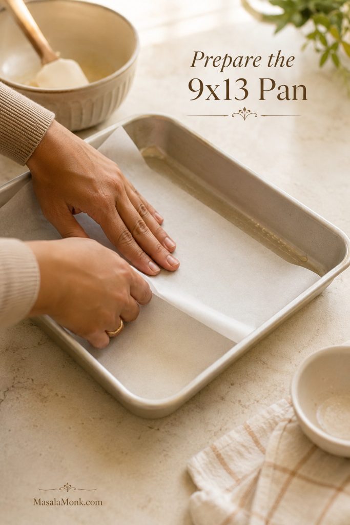 Hands smoothing parchment paper into a greased 9x13 metal baking pan before adding applesauce cake batter.